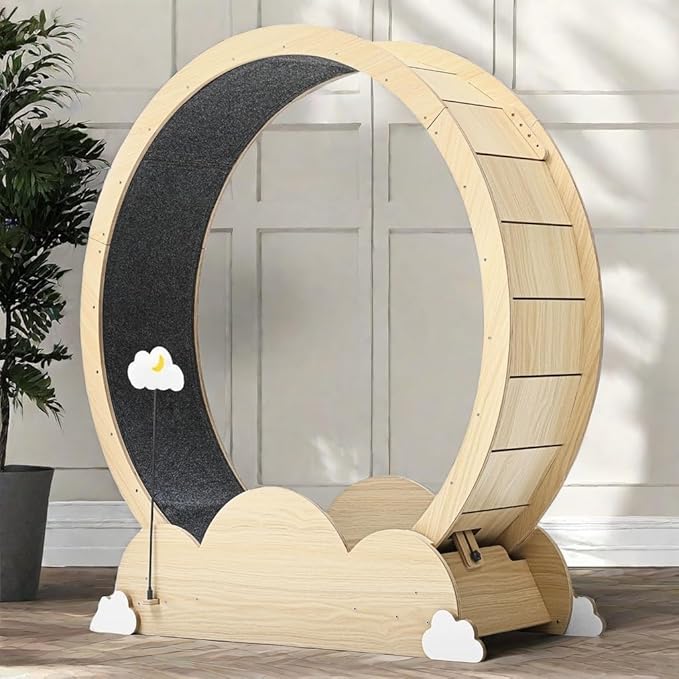 DWVO 43in Cat Exercise Wheel for Indoor Cats with Locking Mechanism, Natural Solid Wood Sturdy Cat Treadmill Wheel with Detachable Carpet, Suitable for Most Cats - PAWPICO