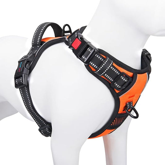 PHOEPET Reflective Dog Harness Large Breed Adjustable No Pull Vest with with Handle 2 Metal Rings 3 Buckles [Easy to Put on & Take Off](L, Orange) PHOEPET