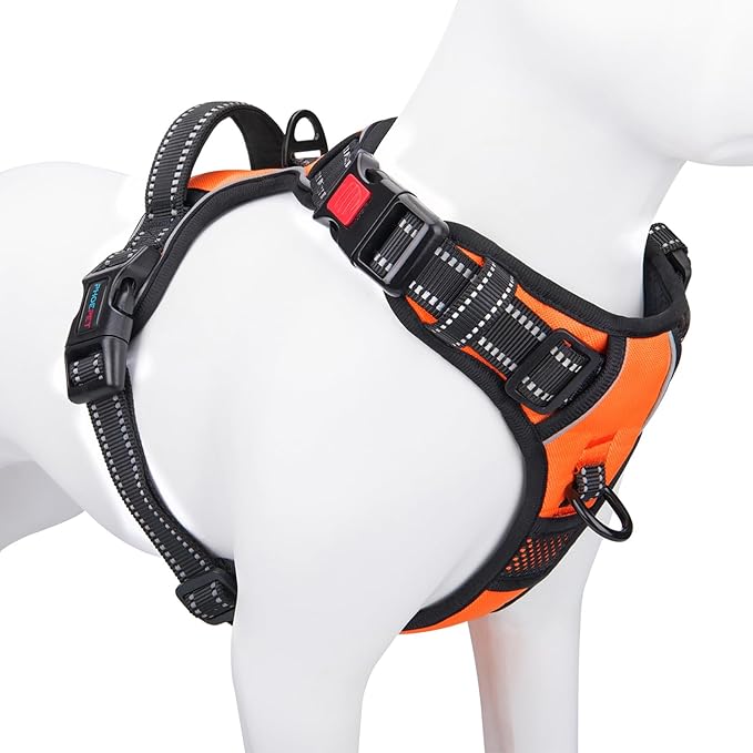 PHOEPET No Pull Dog Harness Medium Reflective Front Clip Vest with Handle,Adjustable 2 Metal Rings 3 Buckles,[Easy to Put on & Take Off](M, Orange) PHOEPET