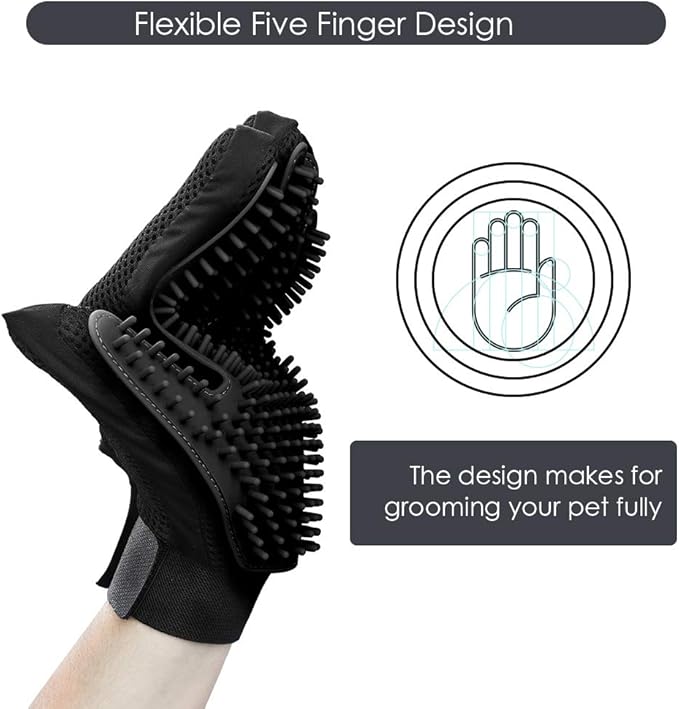 Upgrade Version Pet Grooming Glove - Gentle Deshedding Brush Glove for Dogs, Cats & Horses with Long and Short Fur - Efficient Pet Hair Remover Mitt - Enhanced Five Finger Design - 1 Pair (Black) - PAWPICO