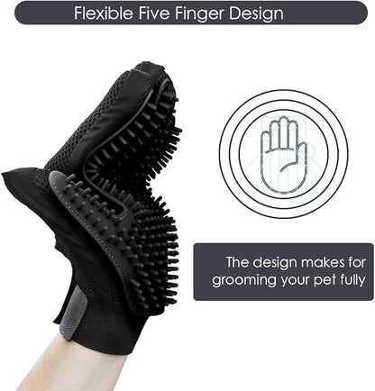 Upgrade Version Pet Grooming Glove - Gentle Deshedding Brush Glove for Dogs, Cats & Horses with Long and Short Fur - Efficient Pet Hair Remover Mitt - Enhanced Five Finger Design - 1 Pair (Black) - PAWPICO