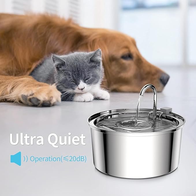 Tomxcute Cat Water Fountain Stainless Steel - 108oz/3.2L Cat Fountain for Drinking- Large Capacity Pet Water Fountain - Cat Feeding & Watering Supplies - Comes with 8 Replacement Filters - PAWPICO