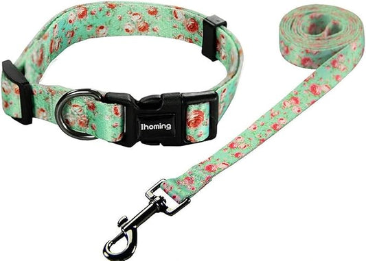 Ihoming Dog Collar and Leash Set for Daily Outdoor Walking Running Training, Floral GreenLake Design for Large Boys Girls Dogs Cats Pets, L-Up to 80LBS Ihoming
