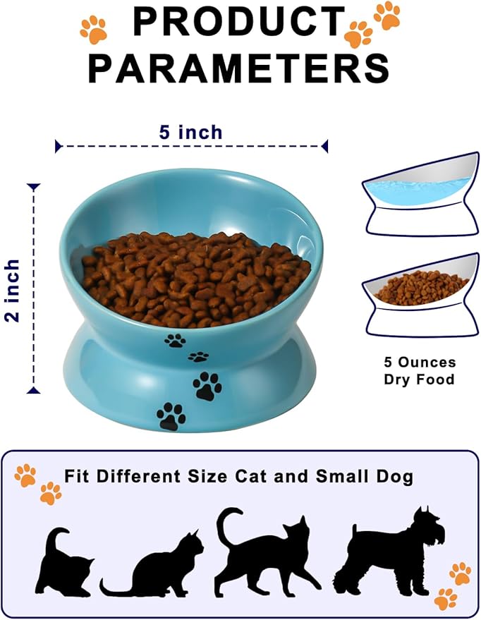 Y YHY Elevated Cat Food Bowl, Ceramic Raised Cat Bowl, Tilt Angle Protect Cat's Spine, Anti Vomiting Cat Dish, Backflow Prevention, Lake Blue - PAWPICO