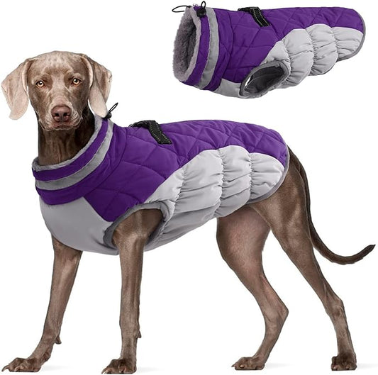 FUAMEY Dog Coat,Warm Dog Jacket Winter Coat Paded Dog Fleece Vest Reflective Dog Cold Weather Coats with Built in Harness Waterproof Windproof Dog Snow Jacket Clothes with Zipper Purple X-Large - PAWPICO