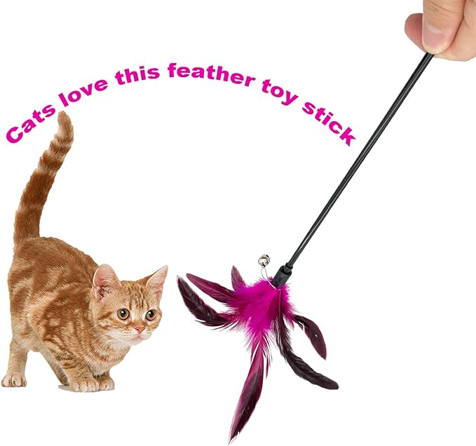 Cat Wand Toy Feather Stick Cat Toys, 8 PCS Cat Feather Wand Toys, Interactive Cat Toy Feather Wand for Indoor Cats - PAWPICO