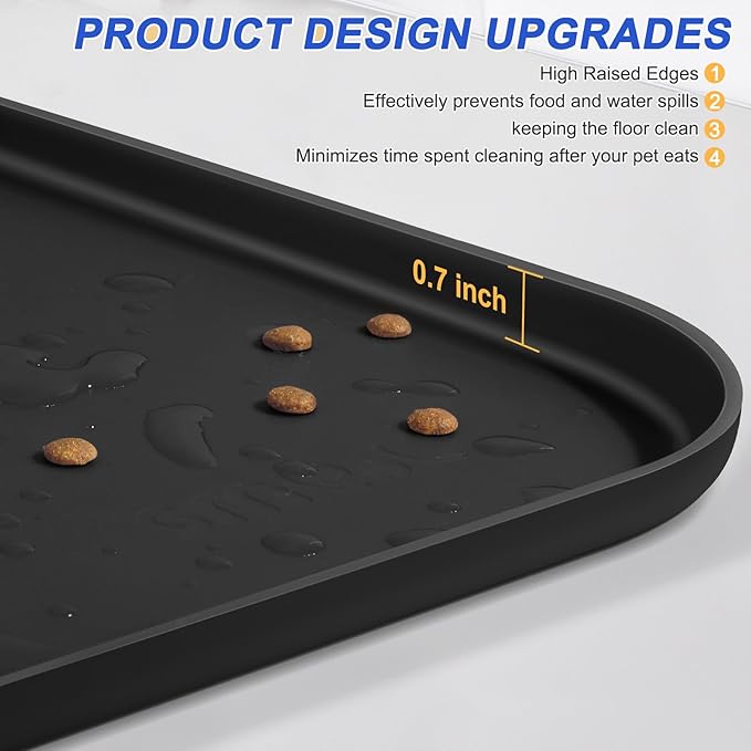 Silicone Pet Feeding Mat with Raised Edge, Dog Cat Bowl Mats for Food and Water, Pet Placemat for Floors Waterproof, 19” x 12” x 0.7” Black - PAWPICO