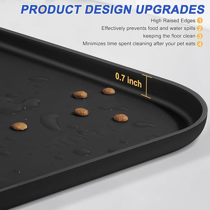 Silicone Pet Feeding Mat with Raised Edge, Dog Cat Bowl Mats for Food and Water, Pet Placemat for Floors Waterproof, 19” x 12” x 0.7” Black - PAWPICO