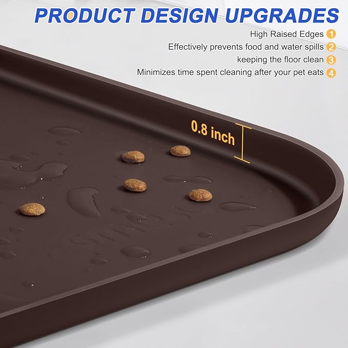 Silicone Pet Feeding Mat with Raised Edge, Dog Cat Bowl Mats for Food and Water, Pet Placemat for Floors Waterproof, 22” x 14” x 0.8” Dark Brown - PAWPICO