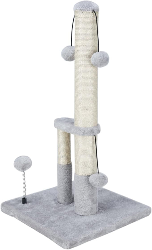 Dimaka Tall Cat Scratching Post, Double Lower Posts Extra Stable Cat Post Tree Scratcher with Sisal Rope and Teasing Balls, 4 Balls Total Large Base (Grey 26" - PAWPICO