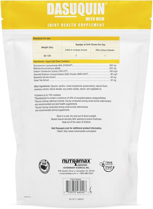 Nutramax Laboratories Dasuquin with MSM Joint Health Supplement for Large Dogs - With Glucosamine, MSM, Chondroitin, ASU, Boswellia Serrata Extract, and Green Tea Extract, 84 Soft Chews NutramaxLaboratories