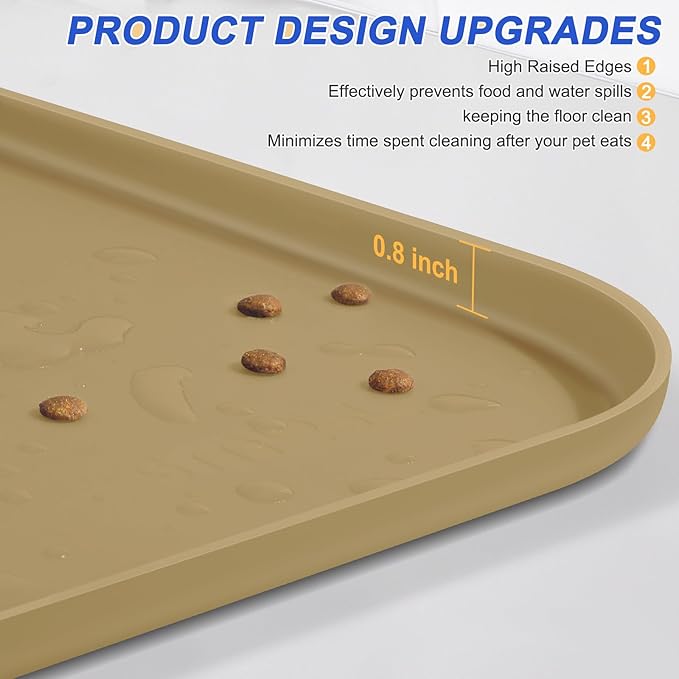 Silicone Pet Feeding Mat with Raised Edge, Dog Cat Bowl Mats for Food and Water, Pet Placemat for Floors Waterproof, 22” x 14” x 0.8” Beige - PAWPICO