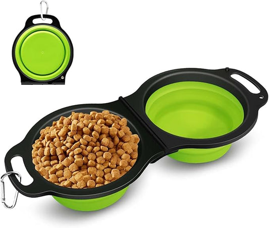 Collapsible Silicone Cat and Dog Travel Bowls,2 in 1 Foldable Pet Feeding and Watering Dish for Walking Camping Hiking with Carabiner (Green) - PAWPICO