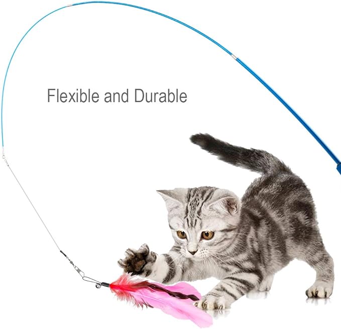 Cat Toys Feather Toy, 2PCS Retractable Wand and 10PCS Replacement Teaser with Bell Refills, Interactive Catcher and Funny Exercise for Kitten. - PAWPICO