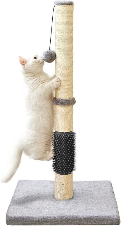 MeowHomm 32" Cat Scratching Post with Self Groomer Cat Brush, Sisal Rope Tall Cat Scratching Post with Soft Hanging Ball for Indoor Cats, Cat Claw Scratcher Covered with Soft Smooth Plush - PAWPICO