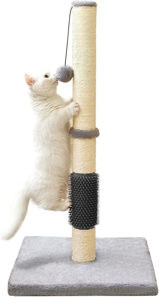 MeowHomm 32" Cat Scratching Post with Self Groomer Cat Brush, Sisal Rope Tall Cat Scratching Post with Soft Hanging Ball for Indoor Cats, Cat Claw Scratcher Covered with Soft Smooth Plush - PAWPICO