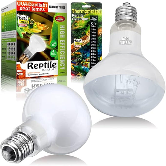 2 Pack 50W Reptile Heat Lamp Bulb Amphibian Basking Light Bulb, Reptile Daylight Bulb for Turtle, Bearded Dragon, Lizard,Chicken with Stick-on Digital Temperature Thermometer bestchoiceforyourreptiles