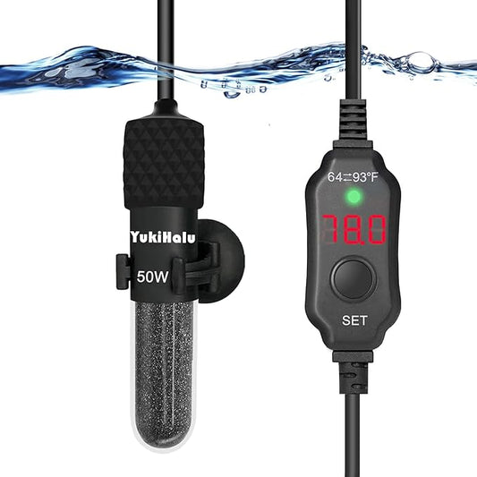 YukiHalu Small Submersible Aquarium Heater, Adjustable Mini Fish Tank Heater 25W 50W 100W 200W 300W with External Temperature Controller, LED Display, Used for 5/10/20/40/60 Gallons (50 Watts) YukiHalu