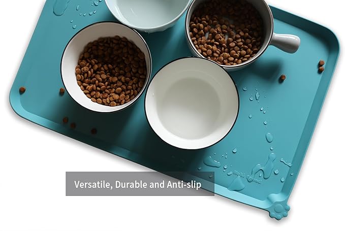 Hoki Found L Silicone Pet Food Mats Tray - Non Slip Pet Dog Cat Bowl Mats Placemat - Dog Pet Cat Feeding Mat - Waterproof Dog Cat Food Mats -Pet Water Mats for Carpet -Glacier - PAWPICO