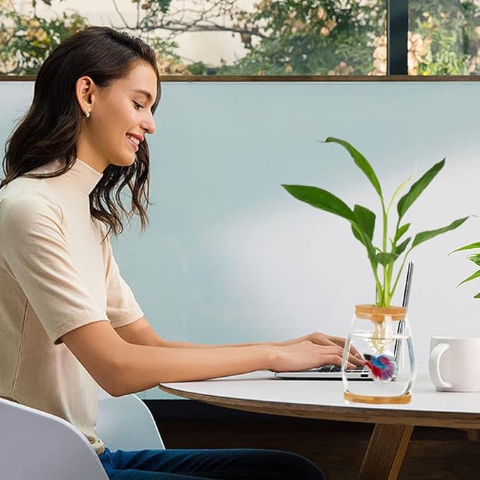 Desktop Fish Bowl Clear Glass Small Fish Tank with Wood Lid and Bamboo Stand for Betta Fish Plants Terrarium Home Office Decoration Gifts CUSNESTAL