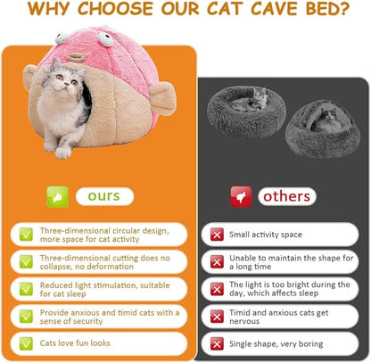 Cat Beds for Indoor Cats - Cat Bed Cave with Removable Washable Cushioned Pillow, Soft Plush Premium Cotton No Deformation Pet Bed, Lively Pufferfish Cat House Design, Pink, Multiple Sizes(M) - PAWPICO