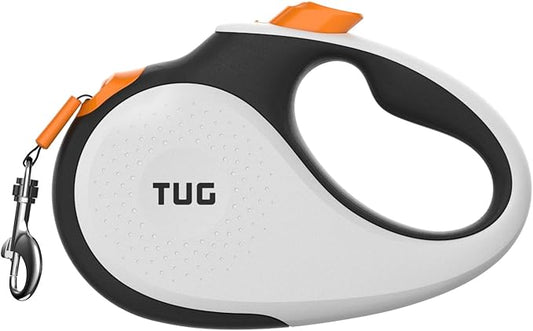 TUG 360° Tangle-Free Retractable Dog Leash with Anti-Slip Handle | 16 ft Strong Nylon Tape | One-Handed Brake, Pause, Lock (Medium, White/Orange) TUG