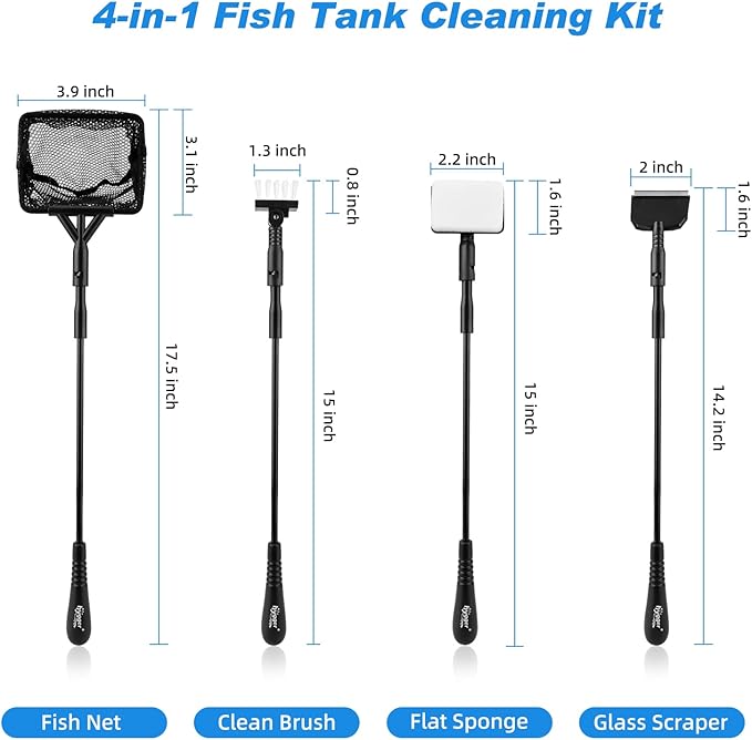 hygger Small Fish Tank Cleaner, Aquarium Cleaning Tools Kit with Handle, Seaweed Scraper, Fishing Net, Sponge Brush,Wall Brush (M) hygger