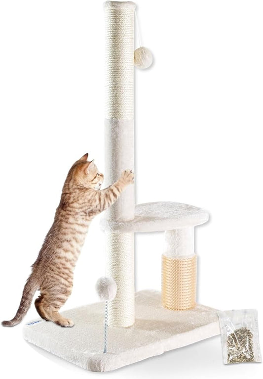Happi N Pets 34“ Tall Cat Scratching Post for Big Cats, Natural Sisal Cat Scratchers for Indoor Cats, Heavy Duty Cat Stands Featuring with Cat Self Groomer and Hanging Toys, Free Catnip-Beige - PAWPICO