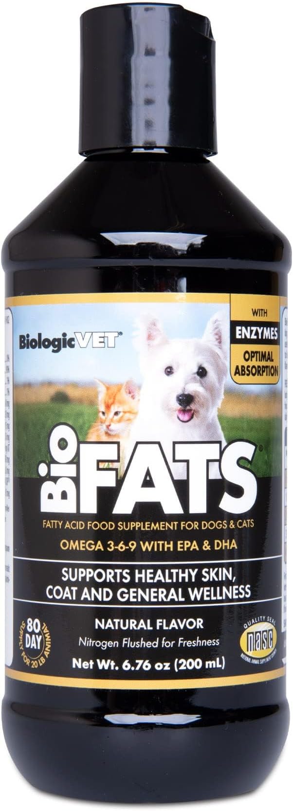 BioFATS Omega 3-6-9 Fatty Acid with EPA & DHA, Supports Healthy Skin, Coat and General Wellness, 80-Day Supply for 20-lb. Animal, 6.76-fl. oz. Bottle FloraHealth