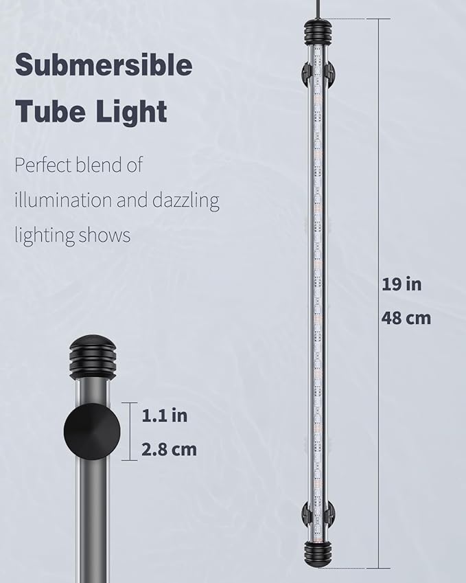 Pawfly 5.5 W Aquarium LED Light 19 Inch Underwater Fish Tank Light with Timer Auto On/Off Fish Tank Background Light with 8 Lighting Modes Submersible Multi-Colored Tube Light for Decoration Pawfly