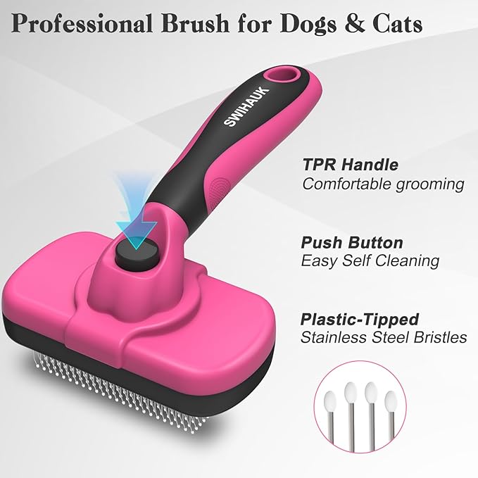 Swihauk Self Cleaning Slicker Brush for Dogs & Cats - Skin Friendly Grooming, Deshedding, Hair Removal for Puppies & Long/Short Haired Pets, Pet Supplies Accessory, Pink - PAWPICO