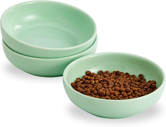 Howise 5.3 in Ceramic Cat Bowls Set, Shallow Cat Food Bowl Small Pet Bowls Cat Dish for Food and Water, Green - PAWPICO