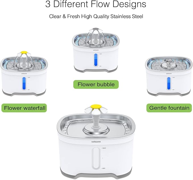 Cat Water Fountain with Stainless Steel Top and 2 Flower Spouts, 2.5L Pet Water Fountain with Led Light and Water Level Window - PAWPICO
