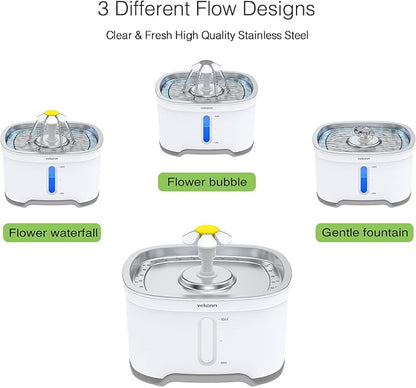 Cat Water Fountain with Stainless Steel Top and 2 Flower Spouts, 2.5L Pet Water Fountain with Led Light and Water Level Window - PAWPICO