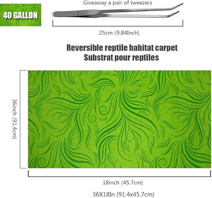 2 Pack Rainforest Tropical Reptile Carpet Mat & Reversible Substrate, Terrarium Liner Bedding, for Lizard,Chameleon,Gecko,Snake,Ceratophrys with Tweezers Feeding Tong (40 Gallon(36x18in)) REP+BUDDY