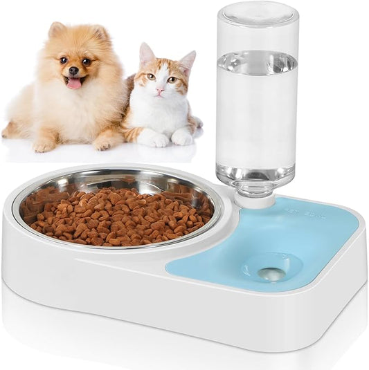 JUST RUN Double Dog Cat Bowls, Dog Cat Food and Water Bowl Set with Automatic Water Dispenser Bottle, Super Big Detachable Stainless Steel Food Bowl for Small Dogs Puppy and Cats Kitten Rabbit(Blue) - PAWPICO