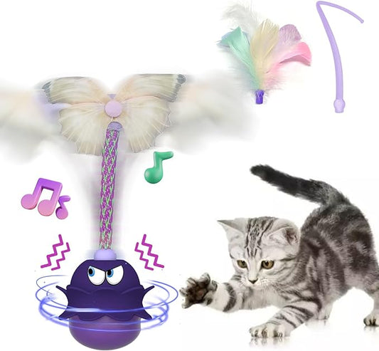 LEWISER Cat Toys Monster, 3in1 Rechargeable Automatic Interactive Cat Toy for Indoor Cats Exercise, Real Feathers, Silicone and Butterfly Tail, LED Lighting, Mice Squeak Chirping, Purple - PAWPICO