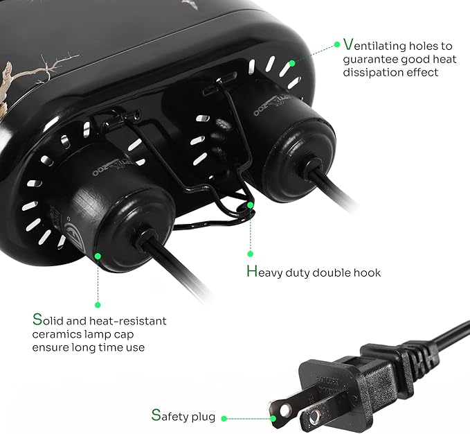 REPTI ZOO Nano Combo Print Tropical Desert Reptile Dual Deep Dome Lamp Fixture for Reptile Max 40 Watts Max Bulb Height 4 in Per Socket UVB Light Fixture Dual Lamp Cap Combo Integration Design REPTIZOO