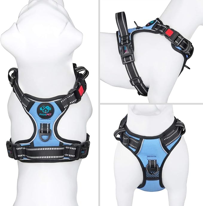 PHOEPET No Pull Dog Harness 3M Reflective Adjustable Vest with a Training Handle, Name ID Pocket, 2 Metal Leash Hooks, 3 Snap Buckles [Easy to Put on & Take Off](L, Baby Blue) PHOEPET