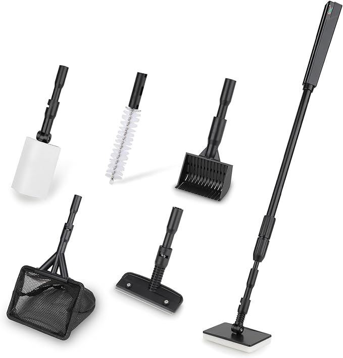 hygger 6-in-1 Aquarium Cleaning Tools, Multipurpose Fish Tank Cleaning Kit for 20-160 Gallon Tank with Telescopic Long Handle,6 Clean Heads hygger