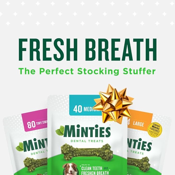 Minties Dental Chews for Dogs, 20 Count, Vet-Recommended Mint-Flavored Dental Treats for Medium Dogs 25-50 lbs, Dental Bones Clean Teeth, Fight Bad Breath, and Removes Plaque and Tartar Minties