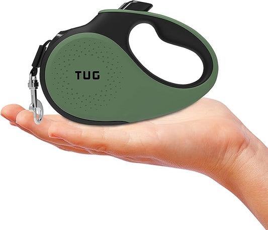 TUG Tiny 360° Tangle-Free Retractable Dog Leash with Anti-Slip Handle | 10 ft Nylon Tape | One-Handed Brake, Pause, Lock (Green) TUG