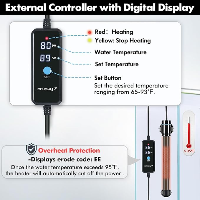 Orlushy 150W Submersible Aquarium Heater, Adjustable Fish Tank Heater with Digital Display External Controller, Overheat Protection and Free Thermometer for 20-30 Gallons Freshwater and Saltwater Tank Orlushy