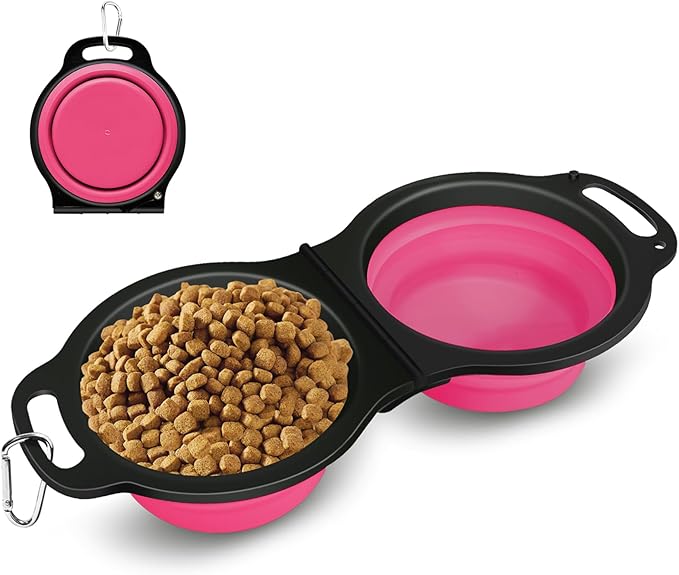 Collapsible Silicone Cat and Dog Travel Bowls,2 in 1 Foldable Pet Feeding and Watering Dish for Walking Camping Hiking with Carabiner (Rose Red) - PAWPICO