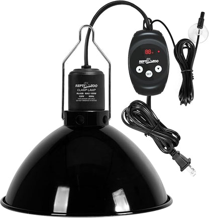 REPTIZOO Reptile Light Fixture with Dimming Thermostat, 8.5 Inch Deep Dome Lamp Fixture with Reptile Heat Lamp Bulb Temperature Controller Reptile Dimming Thermostat Max 150W REPTIZOO