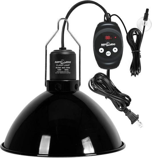 REPTIZOO Reptile Light Fixture with Dimming Thermostat, 8.5 Inch Deep Dome Lamp Fixture with Reptile Heat Lamp Bulb Temperature Controller Reptile Dimming Thermostat Max 150W REPTIZOO