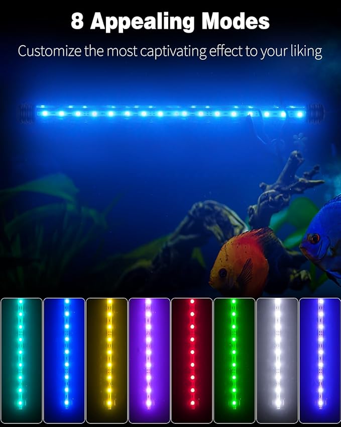 Pawfly 4.2 W Aquarium LED Light 15.2 Inch Underwater Fish Tank Light with Timer Auto On/Off Fish Tank Background Light with 8 Lighting Modes Submersible Multi-Colored Tube Light for Decoration Pawfly
