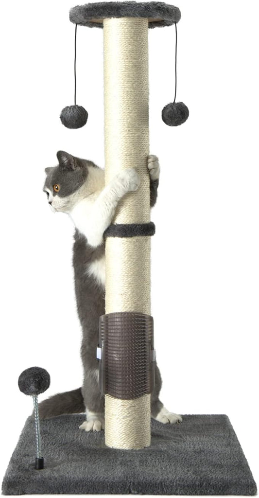 PEEKAB 32" Tall Cat Scratching Post Sisal Scratch Posts with Hanging Ball and Self-Massage Brush Vertical Scratcher for Indoor Cats and Kittens(Gray 32inches) - PAWPICO