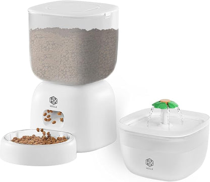 Automatic Cat Feeder and Water Dispenser Set with Pet Food Bowl Timer, Dual Power Supply, Programmable Portion Size, Auto Pet Feeder for Cats and Small Dogs, Voice Recorder, White - PAWPICO