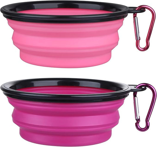 Dog Bowl Pet Collapsible Bowls, 2 Pack Collapsible Dog Water Bowls for Cats Dogs, Portable Pet Feeding Watering Dish for Walking Parking Traveling with 2 Carabiners (Small, Pink+Purple) - PAWPICO